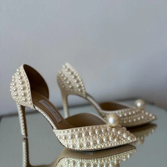 New JIMMY CHOO Sabine 85 faux pearl-embellished satin pumps 38 $1,895 - Picture 16 of 17